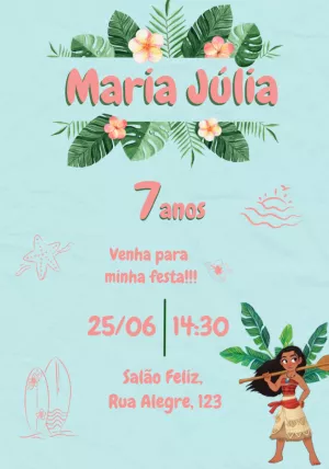 Convite Aniversário Moana Tropical para Editar Online