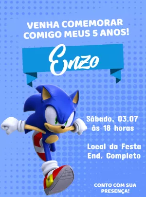 Convite de Aniversário Sonic para Editar e Imprimir
