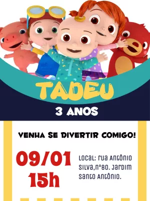 Convite de Aniversário Cocomelon com Personagens para Editar