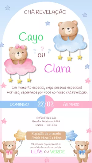 Convite Chá Revelação Ursinhos Aquarela nas Nuvens para Editar