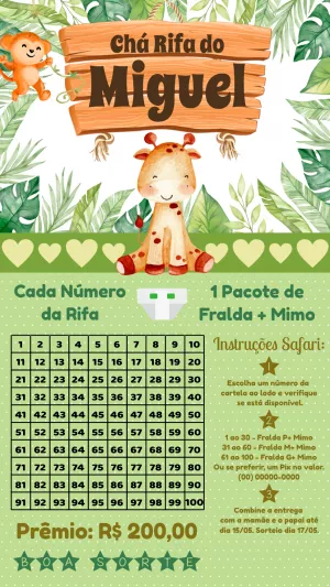 Rifa Chá de Bebê Safari com Animais para Editar Online