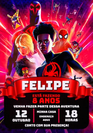 Convite Aniversário Homem Aranha Aranhaverso para Editar Online