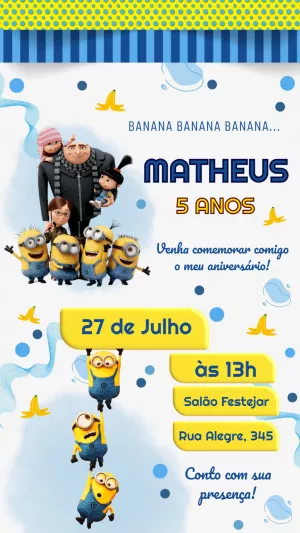 Convite de Aniversário Minions com Personagens para Editar