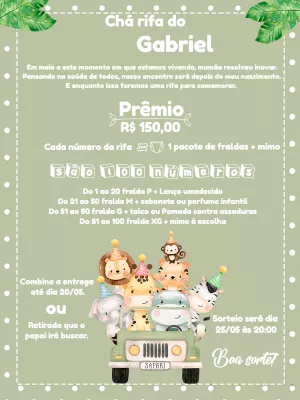 Convite Chá Rifa Safari com Animais Fofos para Editar Online