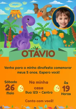Convite de Aniversário Dinossauros com Foto para Editar Online