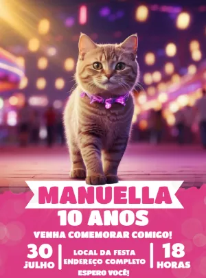 Convite de Aniversário de Gatinho para Editar Online