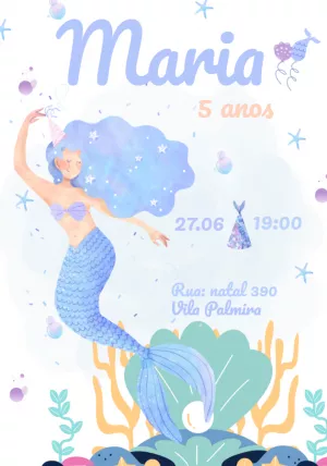 Convite de Aniversário Sereia para Editar Online