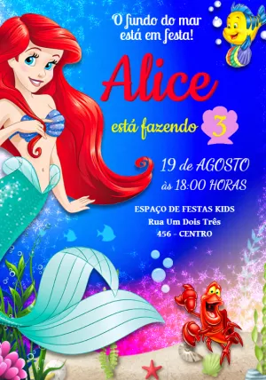Convite de Aniversário Ariel A Pequena Sereia para Editar