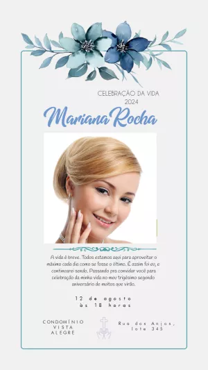 Convite Aniversário Celebração da Vida Floral Azul para Editar