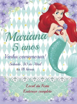 Convite Aniversário Ariel Pequena Sereia para Editar Online