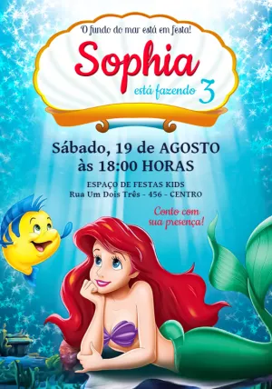 Convite de Aniversário Pequena Sereia Ariel para Editar Online