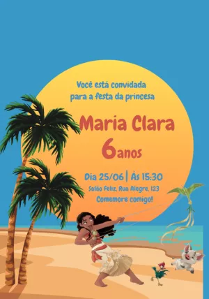 Convite de Aniversário Moana Editável com Personagens