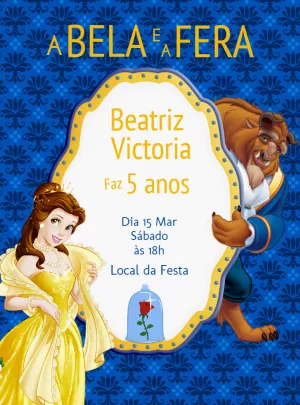 Convite Aniversário A Bela e a Fera com Personagens para Editar