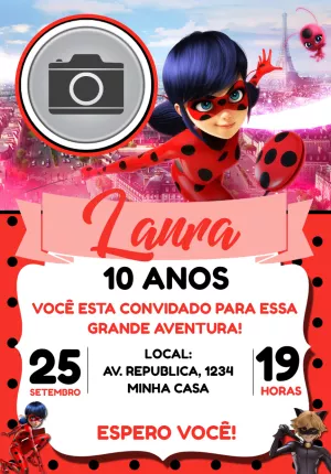 Convite de Aniversário Ladybug com Foto para Editar Online