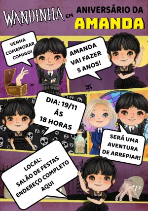 Convite de Aniversário Wandinha Addams para Editar Online