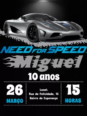 Convite Aniversário Need for Speed com Carros para Editar Online