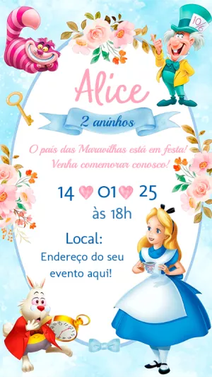 Convite Aniversário Alice no País das Maravilhas para Editar