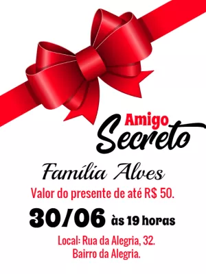 Convite Amigo Secreto com Laço Vermelho para Editar Online