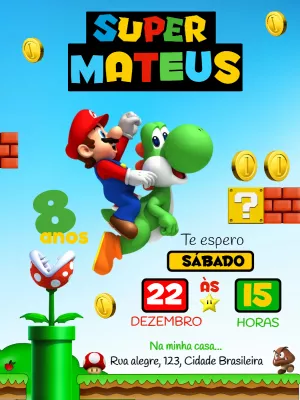 Convite de Aniversário Super Mario Bros para Editar Online