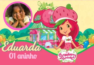 Painel de Aniversário Moranguinho com Foto para Editar Online