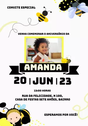 Convite Aniversário Abelhinha com Foto para Editar Online