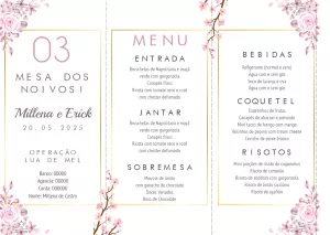 Menu de Casamento Floral Rosa para Editar Online