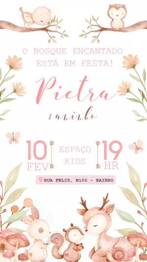Convite de Aniversário Bosque Encantado com Animais para Editar
