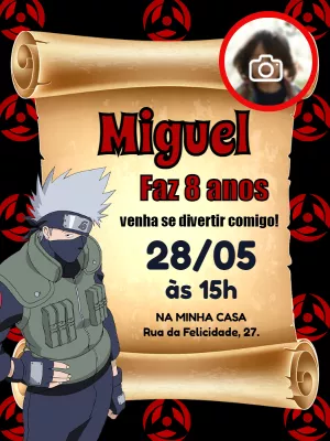Convite de Aniversário Kakashi Naruto com Foto para Editar