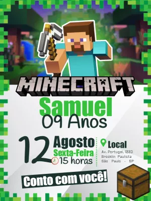 Convite de Aniversário Minecraft com Steve para Editar Online