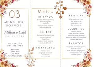 Menu de Casamento Floral Marrom Editável Online