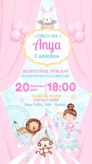 Convite Aniversário Circo Rosa com Animais para Editar