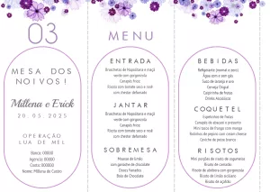 Menu de Casamento Tri-fold Roxo com Flores para Editar