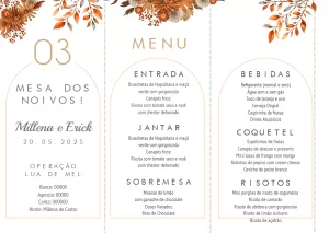 Menu de Casamento Boho Marrom com Folhas para Editar Online
