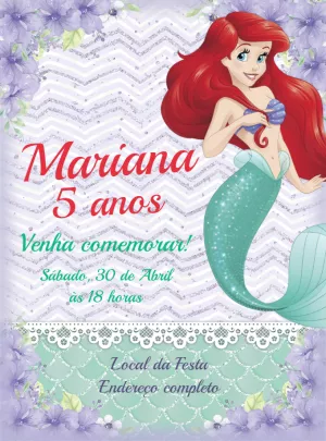 Convite Aniversário Ariel Pequena Sereia para Editar Online