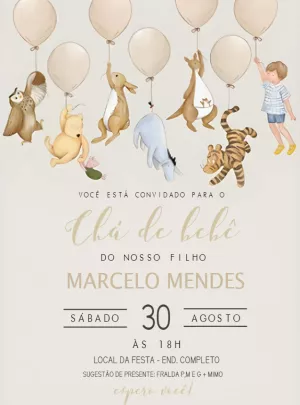 Convite Chá de Bebê Ursinho Pooh e Turma para Editar Online
