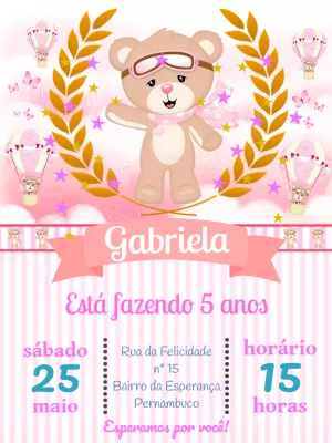 Convite Aniversário Ursinha Baloeira para Editar Online