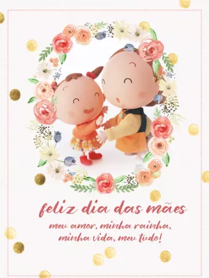 Cartão de Dia das Mães com Bonecas e Flores para Editar Online