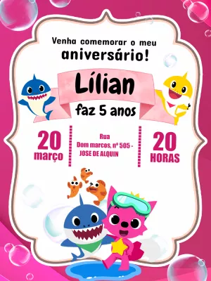 Convite de Aniversário Baby Shark Rosa para Editar Online