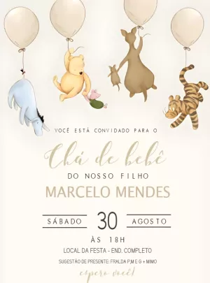 Convite Chá de Bebê Ursinho Pooh Clássico para Editar Online