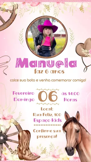 Convite Aniversário Boiadeira Country para Editar Online