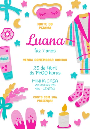 Convite de Aniversário Festa do Pijama Menina para Editar Online