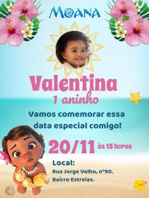 Convite Aniversário Moana Baby com Foto para Editar Online