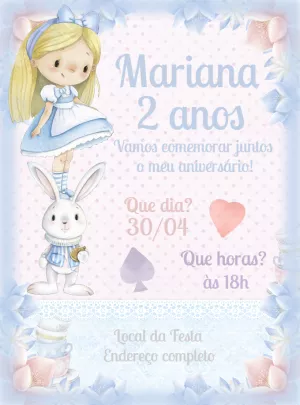Convite Aniversário Alice Aquarela para Editar e Imprimir Online