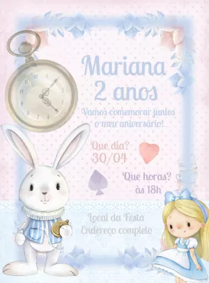 Convite Alice no País das Maravilhas Aquarela para Editar Online