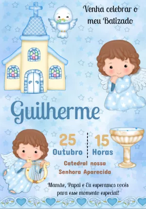 Convite de Batizado Menino Anjinho Azul para Editar Online