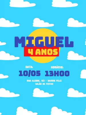 Convite Aniversário Toy Story com Nuvens para Editar Online