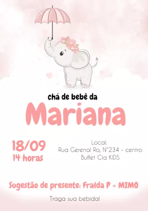Convite Chá de Bebê Elefantinha Aquarela para Editar Online