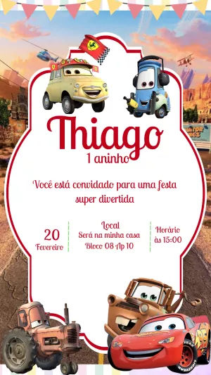 Convite de Aniversário Carros com Personagens para Editar