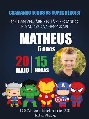 Convite Aniversário Vingadores Cute com Foto para Editar Online