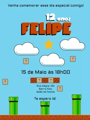 Convite Aniversário Super Mario com elementos do jogo para Editar